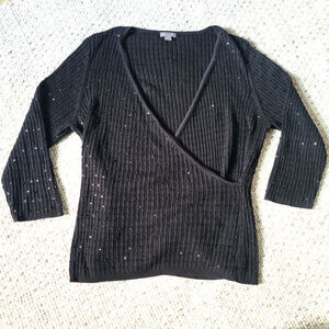 Ann Taylor Women XL Black Sequin Long Sleeve Wrap Sweater V Neck Silk 3/4 Sleeve